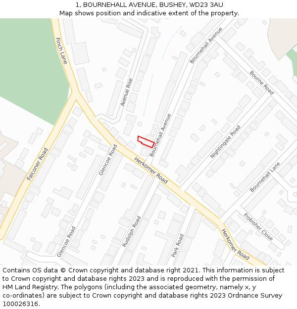 1, BOURNEHALL AVENUE, BUSHEY, WD23 3AU: Location map and indicative extent of plot