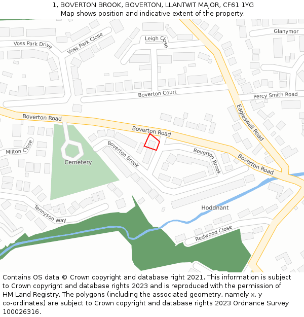 1, BOVERTON BROOK, BOVERTON, LLANTWIT MAJOR, CF61 1YG: Location map and indicative extent of plot