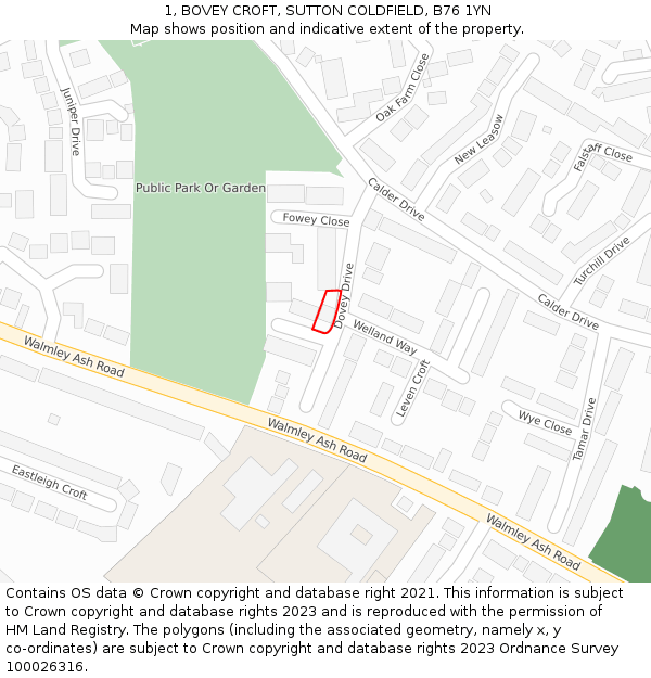 1, BOVEY CROFT, SUTTON COLDFIELD, B76 1YN: Location map and indicative extent of plot