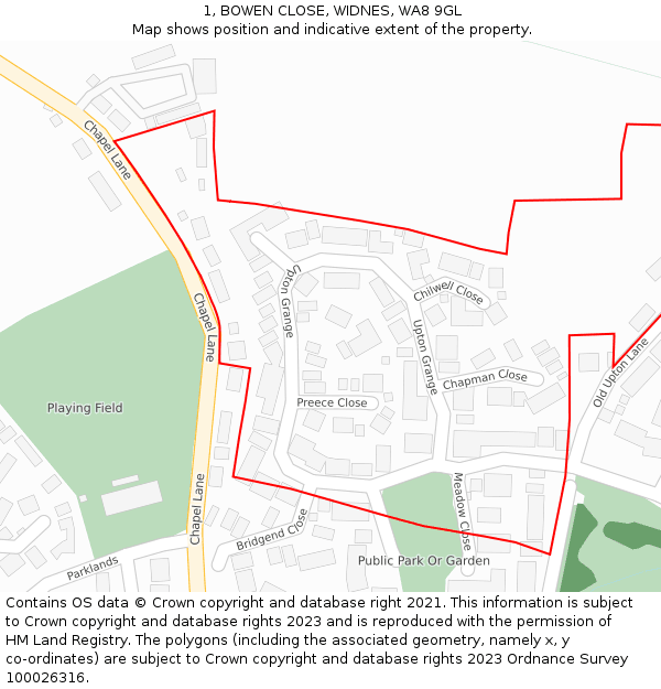 1, BOWEN CLOSE, WIDNES, WA8 9GL: Location map and indicative extent of plot