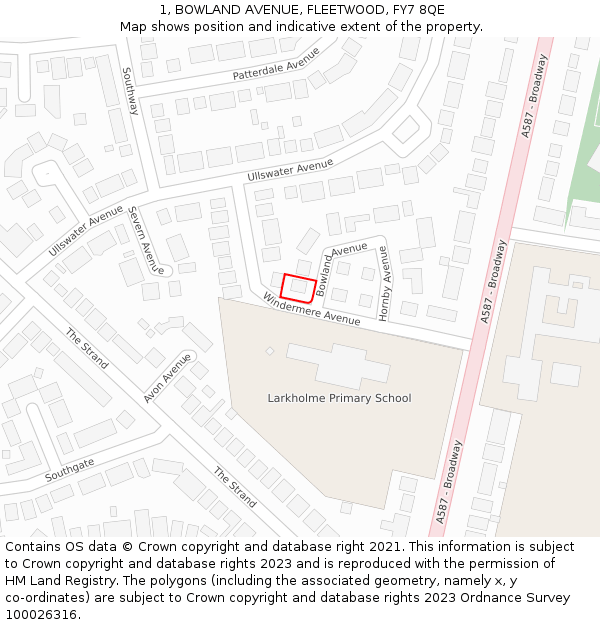 1, BOWLAND AVENUE, FLEETWOOD, FY7 8QE: Location map and indicative extent of plot