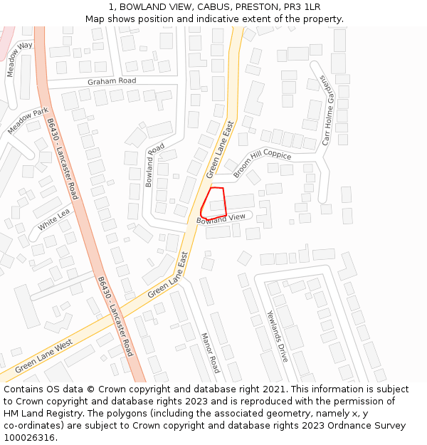 1, BOWLAND VIEW, CABUS, PRESTON, PR3 1LR: Location map and indicative extent of plot