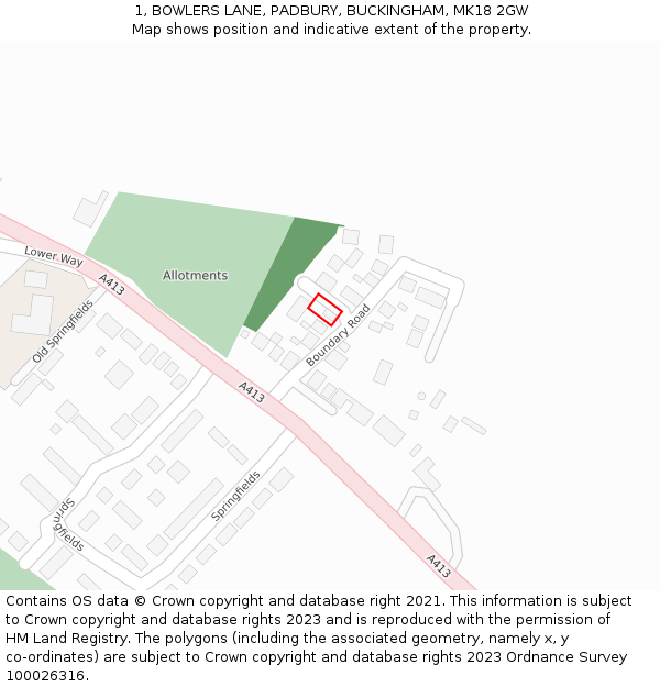 1, BOWLERS LANE, PADBURY, BUCKINGHAM, MK18 2GW: Location map and indicative extent of plot