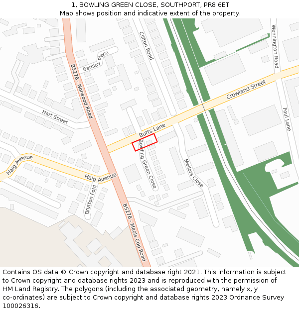 1, BOWLING GREEN CLOSE, SOUTHPORT, PR8 6ET: Location map and indicative extent of plot