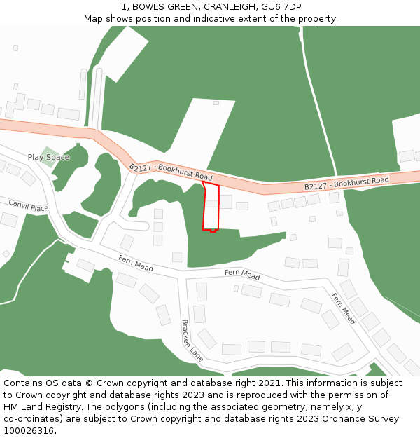 1, BOWLS GREEN, CRANLEIGH, GU6 7DP: Location map and indicative extent of plot