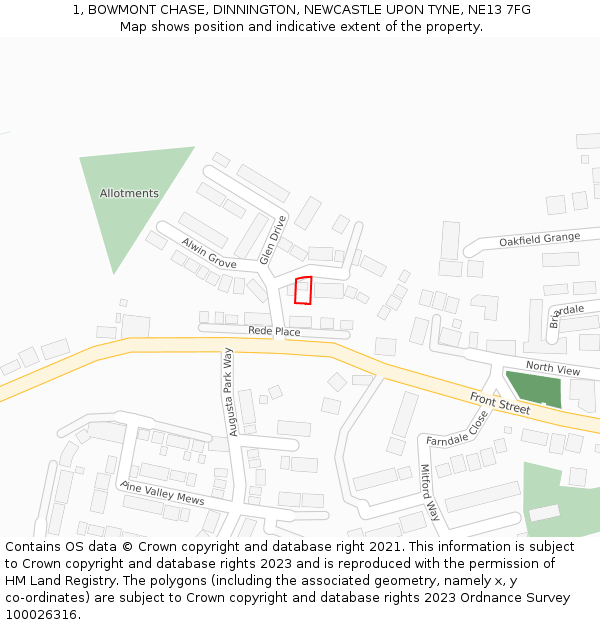 1, BOWMONT CHASE, DINNINGTON, NEWCASTLE UPON TYNE, NE13 7FG: Location map and indicative extent of plot