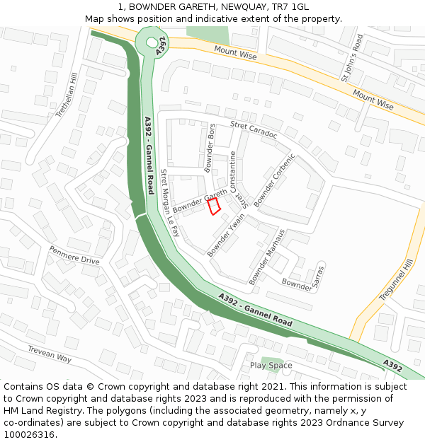 1, BOWNDER GARETH, NEWQUAY, TR7 1GL: Location map and indicative extent of plot