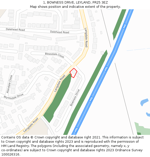 1, BOWNESS DRIVE, LEYLAND, PR25 3EZ: Location map and indicative extent of plot