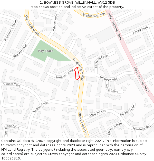 1, BOWNESS GROVE, WILLENHALL, WV12 5DB: Location map and indicative extent of plot