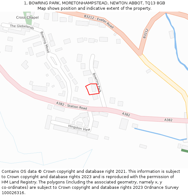 1, BOWRING PARK, MORETONHAMPSTEAD, NEWTON ABBOT, TQ13 8GB: Location map and indicative extent of plot