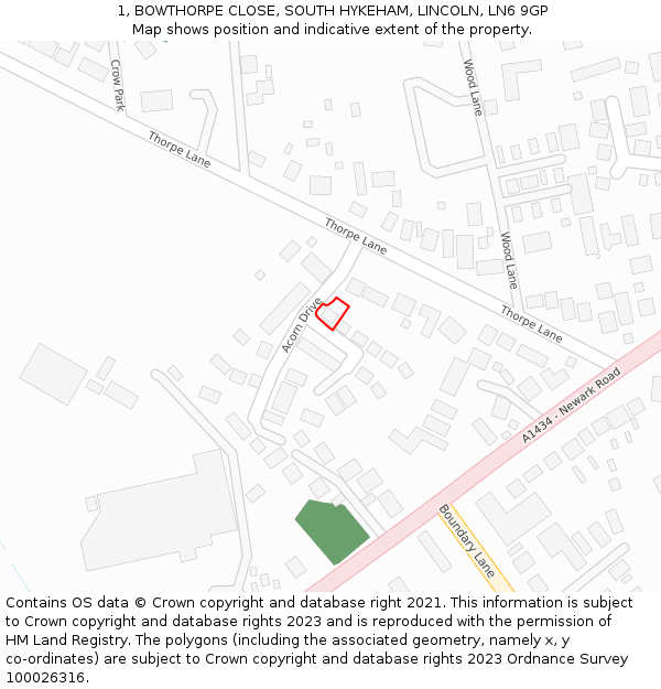 1, BOWTHORPE CLOSE, SOUTH HYKEHAM, LINCOLN, LN6 9GP: Location map and indicative extent of plot