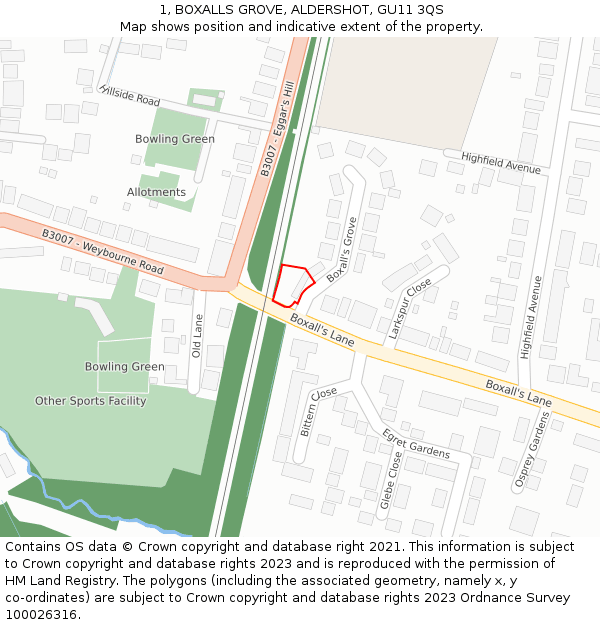 1, BOXALLS GROVE, ALDERSHOT, GU11 3QS: Location map and indicative extent of plot