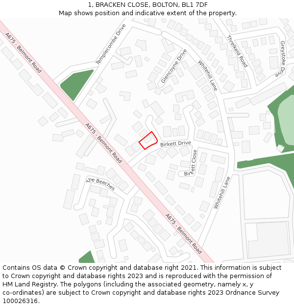 1, BRACKEN CLOSE, BOLTON, BL1 7DF: Location map and indicative extent of plot