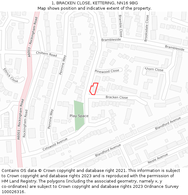 1, BRACKEN CLOSE, KETTERING, NN16 9BG: Location map and indicative extent of plot