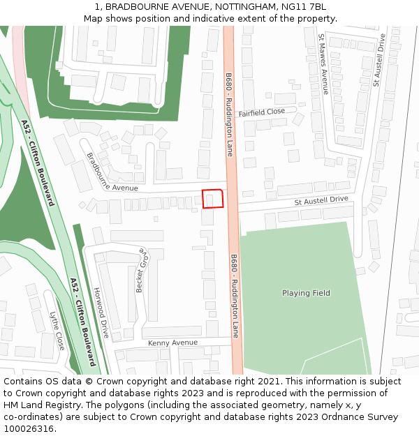 1, BRADBOURNE AVENUE, NOTTINGHAM, NG11 7BL: Location map and indicative extent of plot