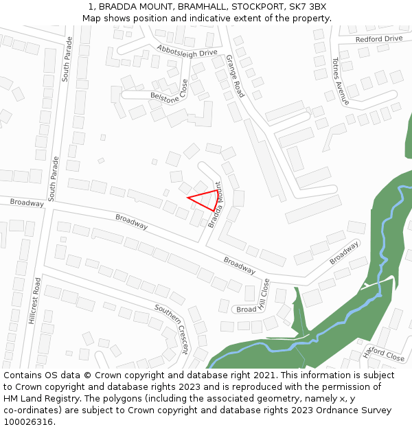 1, BRADDA MOUNT, BRAMHALL, STOCKPORT, SK7 3BX: Location map and indicative extent of plot