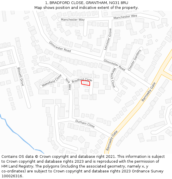 1, BRADFORD CLOSE, GRANTHAM, NG31 8RU: Location map and indicative extent of plot