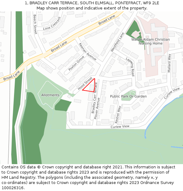 1, BRADLEY CARR TERRACE, SOUTH ELMSALL, PONTEFRACT, WF9 2LE: Location map and indicative extent of plot