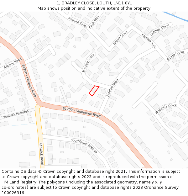 1, BRADLEY CLOSE, LOUTH, LN11 8YL: Location map and indicative extent of plot