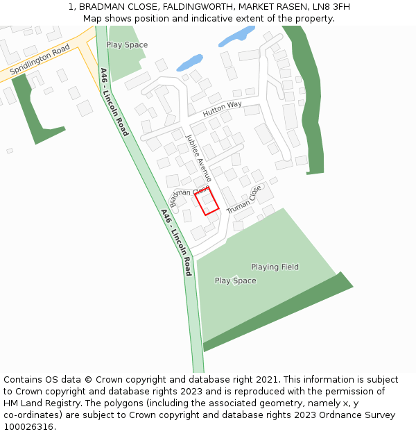 1, BRADMAN CLOSE, FALDINGWORTH, MARKET RASEN, LN8 3FH: Location map and indicative extent of plot