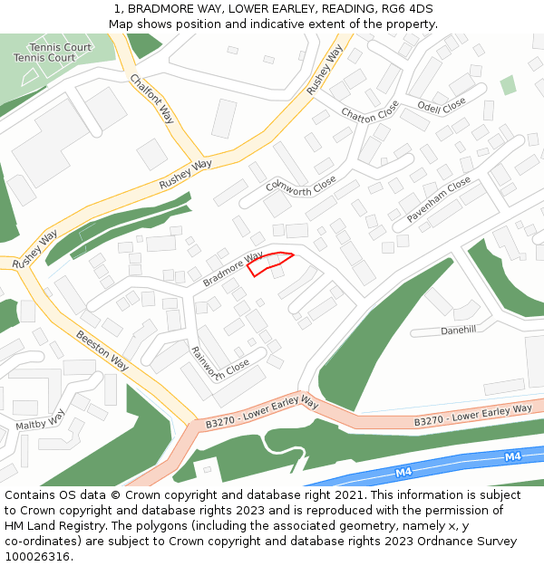 1, BRADMORE WAY, LOWER EARLEY, READING, RG6 4DS: Location map and indicative extent of plot