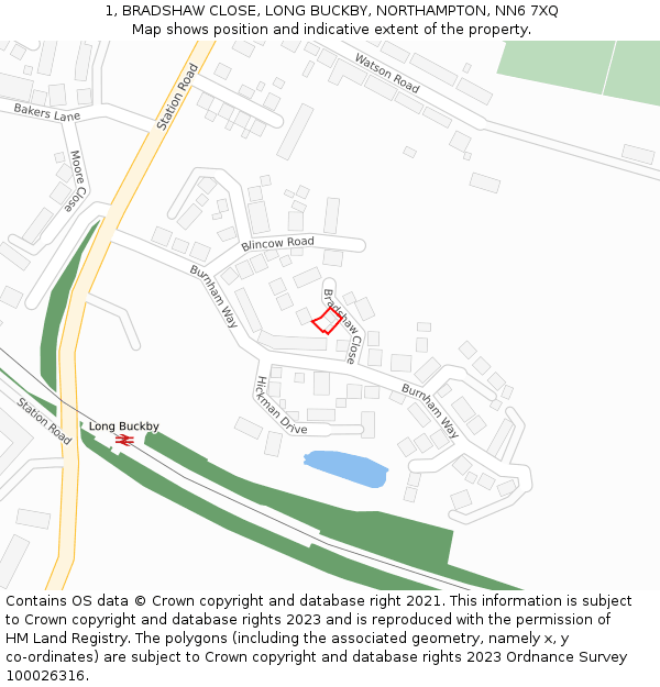 1, BRADSHAW CLOSE, LONG BUCKBY, NORTHAMPTON, NN6 7XQ: Location map and indicative extent of plot