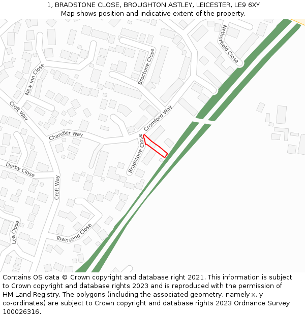 1, BRADSTONE CLOSE, BROUGHTON ASTLEY, LEICESTER, LE9 6XY: Location map and indicative extent of plot