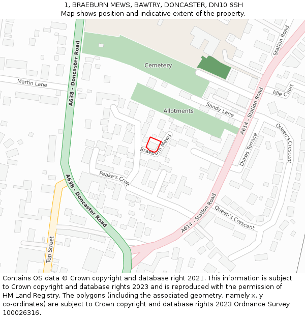 1, BRAEBURN MEWS, BAWTRY, DONCASTER, DN10 6SH: Location map and indicative extent of plot