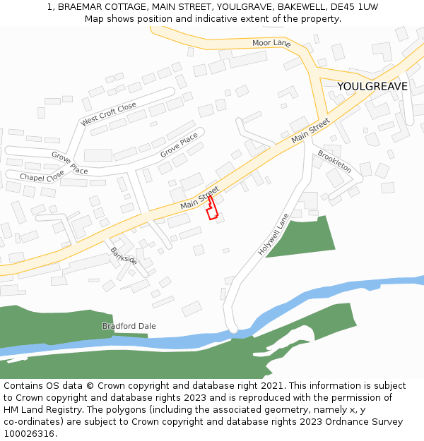 1, BRAEMAR COTTAGE, MAIN STREET, YOULGRAVE, BAKEWELL, DE45 1UW: Location map and indicative extent of plot