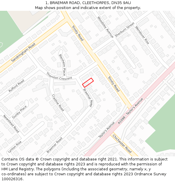 1, BRAEMAR ROAD, CLEETHORPES, DN35 9AU: Location map and indicative extent of plot