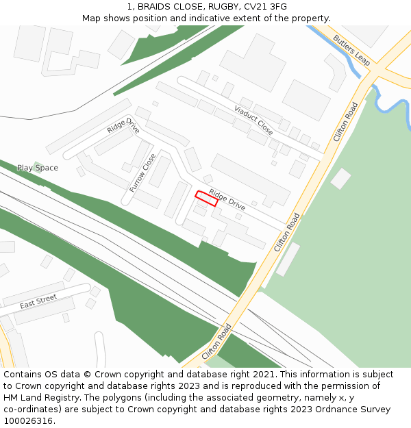1, BRAIDS CLOSE, RUGBY, CV21 3FG: Location map and indicative extent of plot
