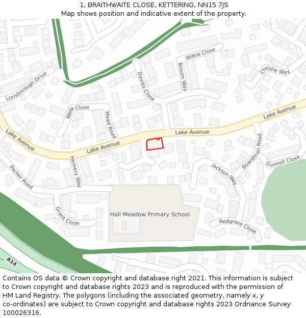 1, BRAITHWAITE CLOSE, KETTERING, NN15 7JS: Location map and indicative extent of plot