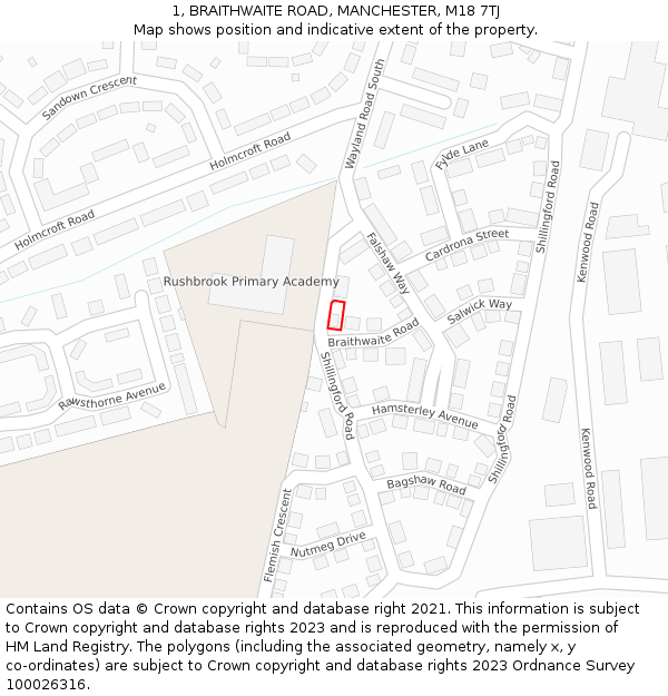 1, BRAITHWAITE ROAD, MANCHESTER, M18 7TJ: Location map and indicative extent of plot