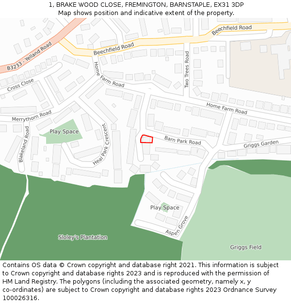 1, BRAKE WOOD CLOSE, FREMINGTON, BARNSTAPLE, EX31 3DP: Location map and indicative extent of plot