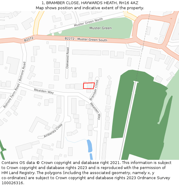 1, BRAMBER CLOSE, HAYWARDS HEATH, RH16 4AZ: Location map and indicative extent of plot