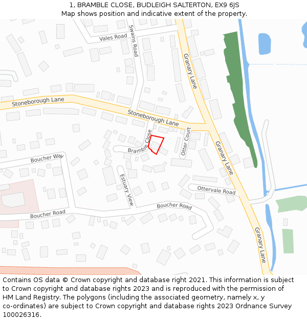 1, BRAMBLE CLOSE, BUDLEIGH SALTERTON, EX9 6JS: Location map and indicative extent of plot