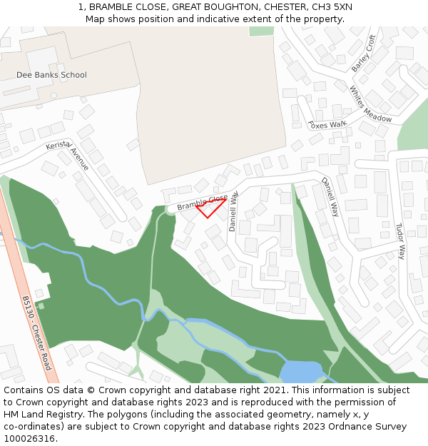 1, BRAMBLE CLOSE, GREAT BOUGHTON, CHESTER, CH3 5XN: Location map and indicative extent of plot