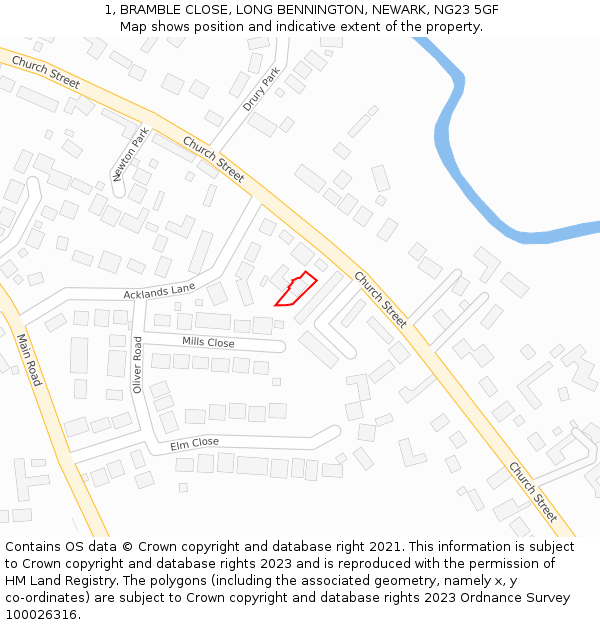 1, BRAMBLE CLOSE, LONG BENNINGTON, NEWARK, NG23 5GF: Location map and indicative extent of plot