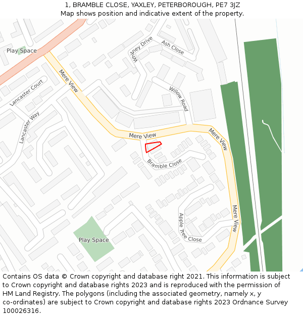 1, BRAMBLE CLOSE, YAXLEY, PETERBOROUGH, PE7 3JZ: Location map and indicative extent of plot