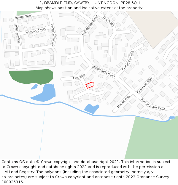 1, BRAMBLE END, SAWTRY, HUNTINGDON, PE28 5QH: Location map and indicative extent of plot