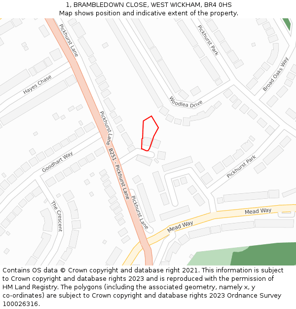 1, BRAMBLEDOWN CLOSE, WEST WICKHAM, BR4 0HS: Location map and indicative extent of plot