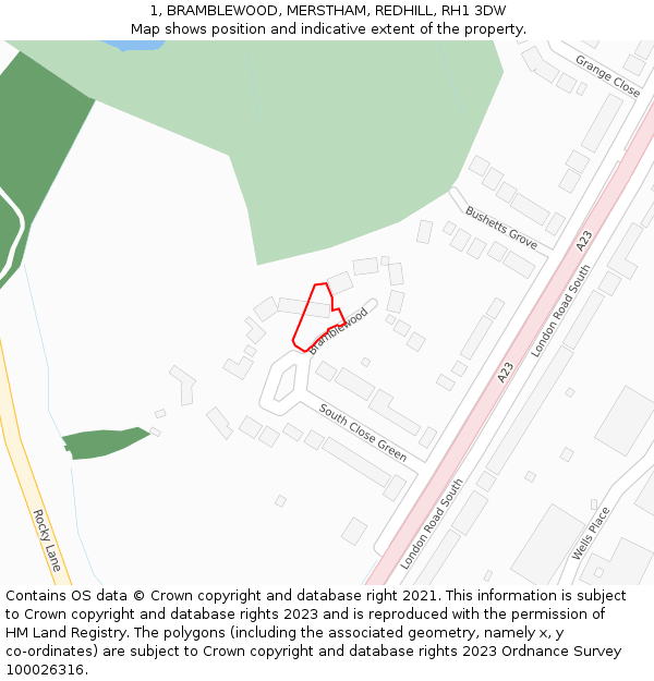 1, BRAMBLEWOOD, MERSTHAM, REDHILL, RH1 3DW: Location map and indicative extent of plot