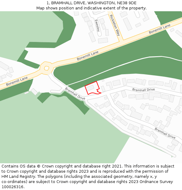 1, BRAMHALL DRIVE, WASHINGTON, NE38 9DE: Location map and indicative extent of plot