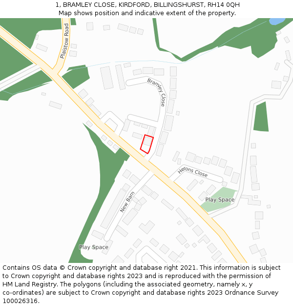 1, BRAMLEY CLOSE, KIRDFORD, BILLINGSHURST, RH14 0QH: Location map and indicative extent of plot