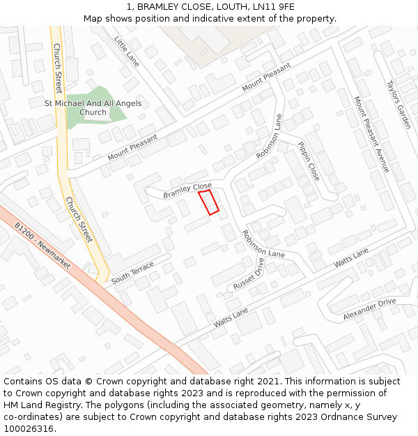 1, BRAMLEY CLOSE, LOUTH, LN11 9FE: Location map and indicative extent of plot