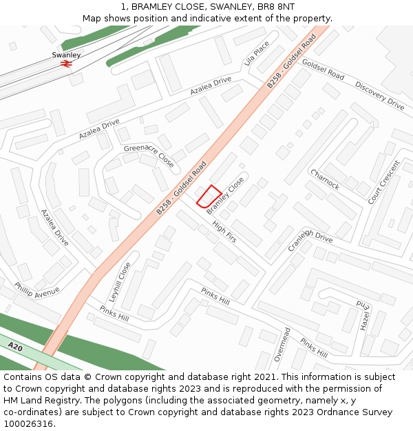 1, BRAMLEY CLOSE, SWANLEY, BR8 8NT: Location map and indicative extent of plot