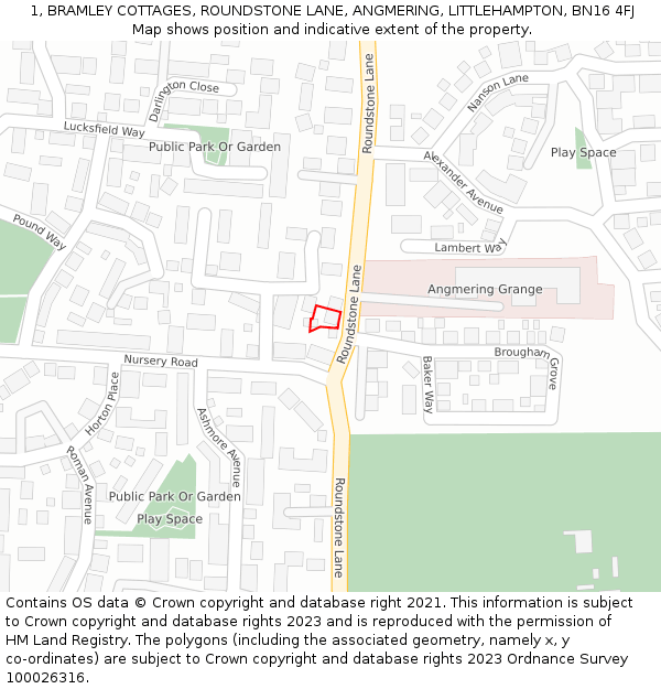 1, BRAMLEY COTTAGES, ROUNDSTONE LANE, ANGMERING, LITTLEHAMPTON, BN16 4FJ: Location map and indicative extent of plot