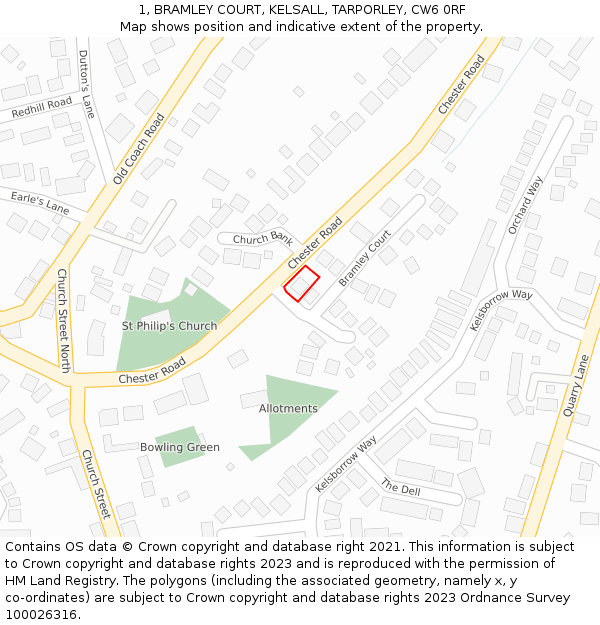 1, BRAMLEY COURT, KELSALL, TARPORLEY, CW6 0RF: Location map and indicative extent of plot