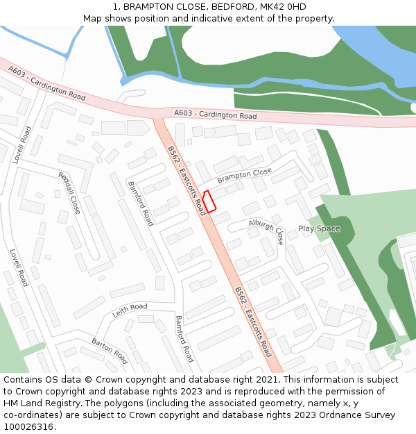 1, BRAMPTON CLOSE, BEDFORD, MK42 0HD: Location map and indicative extent of plot