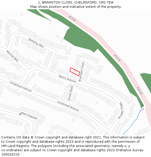 1, BRAMSTON CLOSE, CHELMSFORD, CM2 7EW: Location map and indicative extent of plot